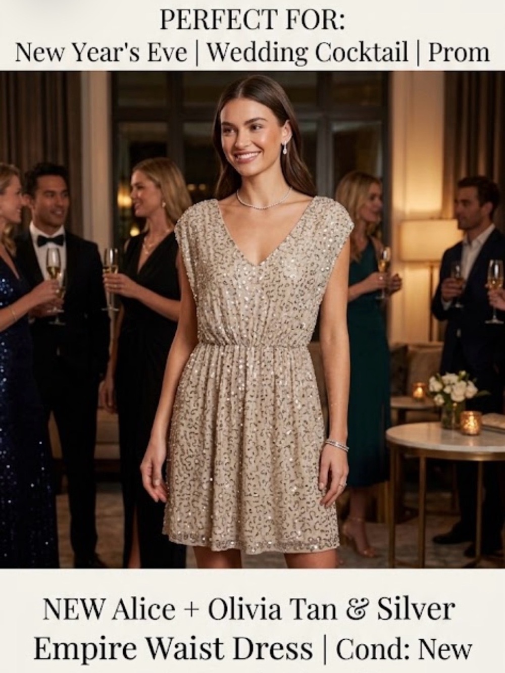 Alice + Olivia Tan and Silver Sequin V‑Neck Midi Dress